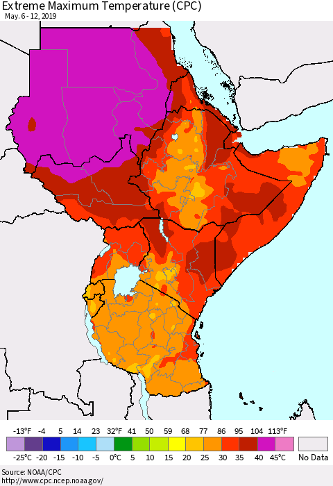 Eastern Africa Maximum Daily Temperature (CPC) Thematic Map For 5/6/2019 - 5/12/2019