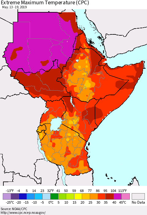 Eastern Africa Maximum Daily Temperature (CPC) Thematic Map For 5/13/2019 - 5/19/2019