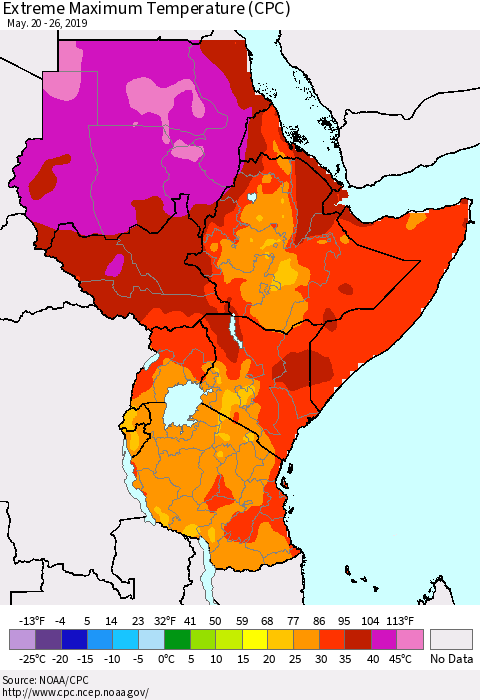 Eastern Africa Maximum Daily Temperature (CPC) Thematic Map For 5/20/2019 - 5/26/2019