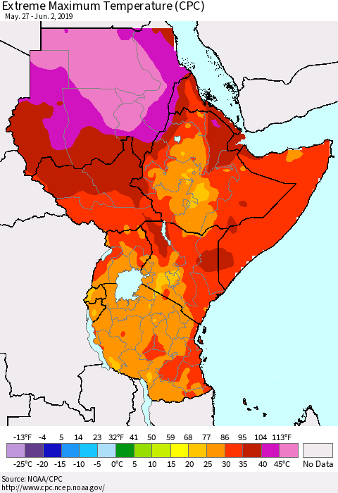 Eastern Africa Maximum Daily Temperature (CPC) Thematic Map For 5/27/2019 - 6/2/2019