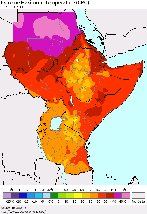 Eastern Africa Maximum Daily Temperature (CPC) Thematic Map For 6/3/2019 - 6/9/2019