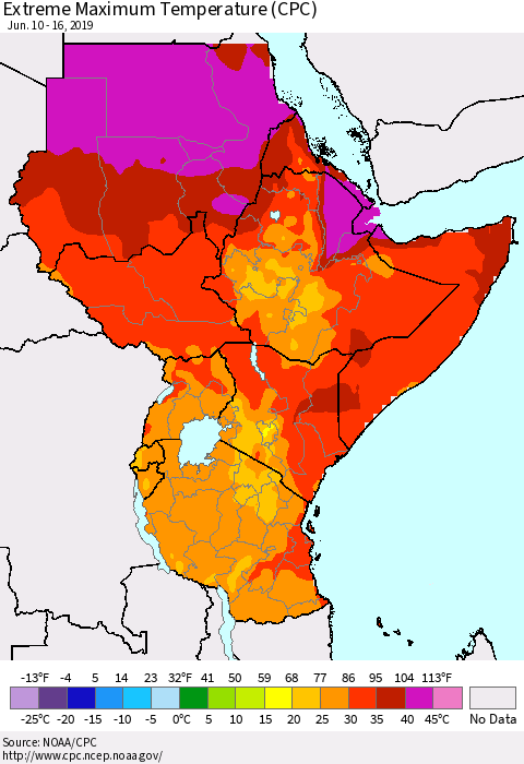 Eastern Africa Maximum Daily Temperature (CPC) Thematic Map For 6/10/2019 - 6/16/2019
