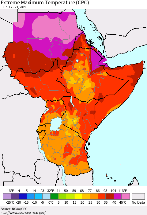 Eastern Africa Maximum Daily Temperature (CPC) Thematic Map For 6/17/2019 - 6/23/2019