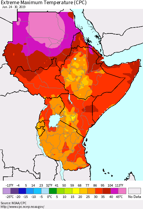 Eastern Africa Maximum Daily Temperature (CPC) Thematic Map For 6/24/2019 - 6/30/2019