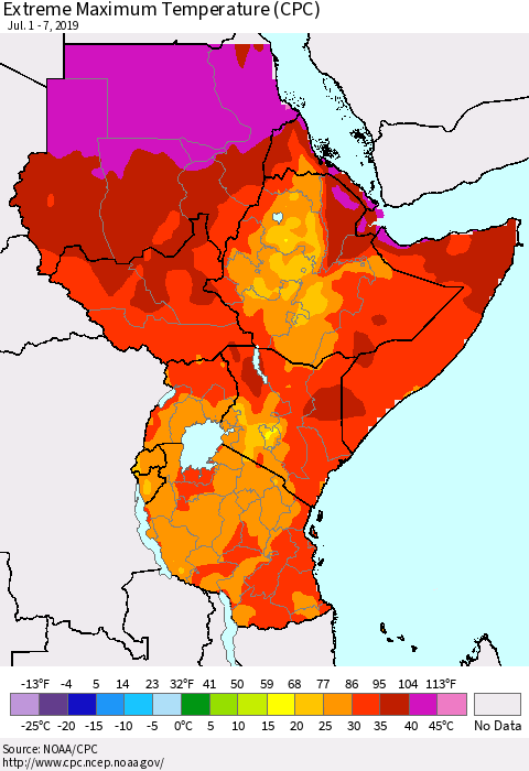 Eastern Africa Maximum Daily Temperature (CPC) Thematic Map For 7/1/2019 - 7/7/2019