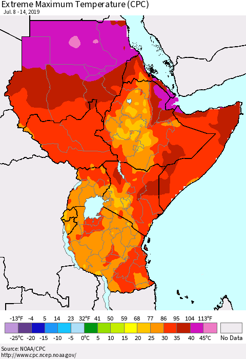 Eastern Africa Maximum Daily Temperature (CPC) Thematic Map For 7/8/2019 - 7/14/2019