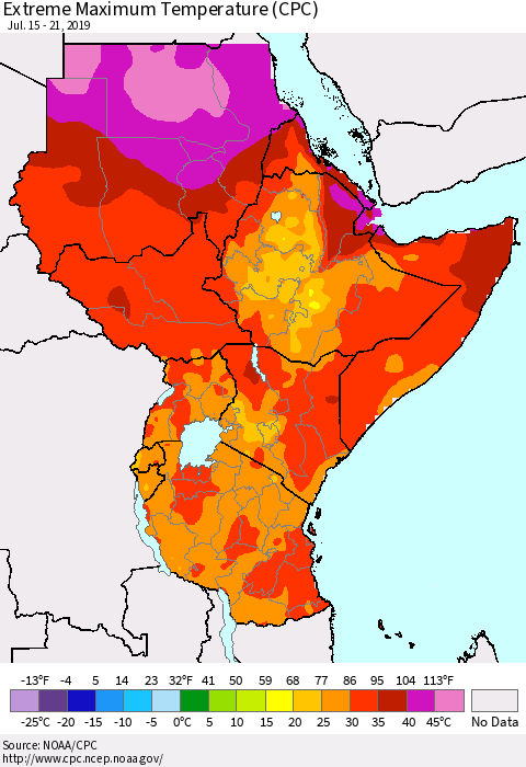 Eastern Africa Maximum Daily Temperature (CPC) Thematic Map For 7/15/2019 - 7/21/2019