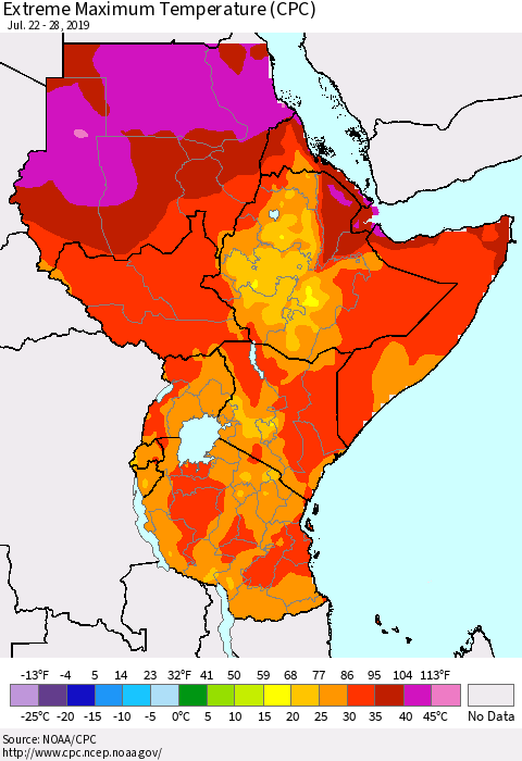 Eastern Africa Maximum Daily Temperature (CPC) Thematic Map For 7/22/2019 - 7/28/2019