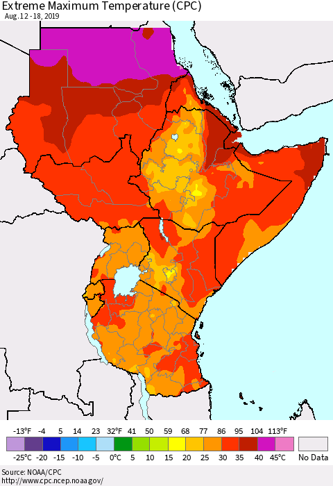 Eastern Africa Maximum Daily Temperature (CPC) Thematic Map For 8/12/2019 - 8/18/2019