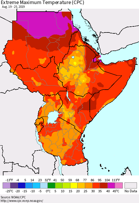 Eastern Africa Maximum Daily Temperature (CPC) Thematic Map For 8/19/2019 - 8/25/2019