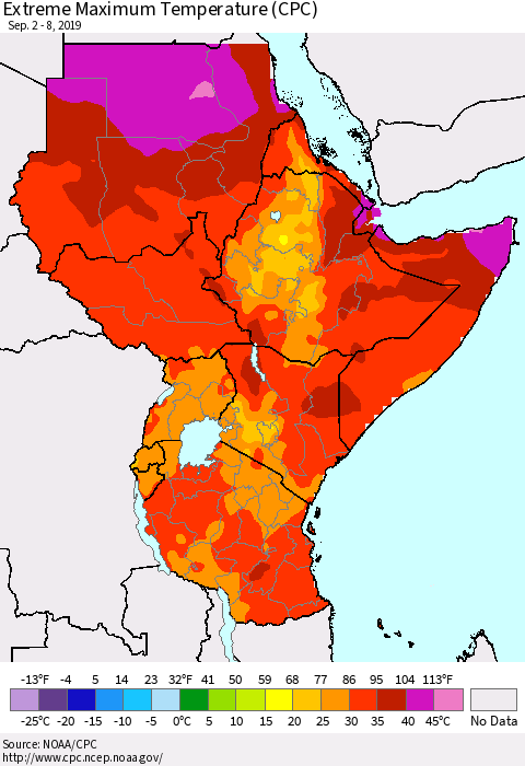 Eastern Africa Maximum Daily Temperature (CPC) Thematic Map For 9/2/2019 - 9/8/2019
