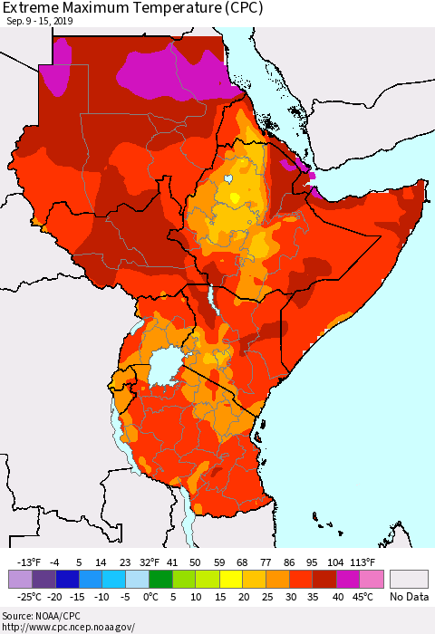 Eastern Africa Maximum Daily Temperature (CPC) Thematic Map For 9/9/2019 - 9/15/2019