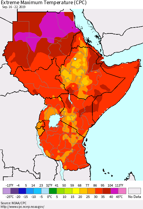 Eastern Africa Maximum Daily Temperature (CPC) Thematic Map For 9/16/2019 - 9/22/2019