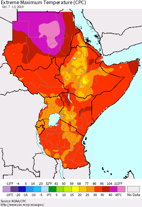 Eastern Africa Maximum Daily Temperature (CPC) Thematic Map For 10/7/2019 - 10/13/2019