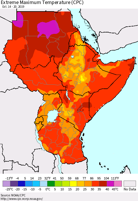 Eastern Africa Maximum Daily Temperature (CPC) Thematic Map For 10/14/2019 - 10/20/2019