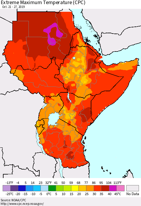 Eastern Africa Maximum Daily Temperature (CPC) Thematic Map For 10/21/2019 - 10/27/2019