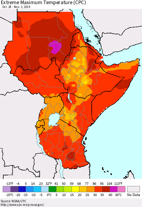 Eastern Africa Extreme Maximum Temperature (CPC) Thematic Map For 10/28/2019 - 11/3/2019