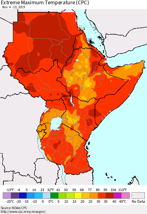Eastern Africa Extreme Maximum Temperature (CPC) Thematic Map For 11/4/2019 - 11/10/2019
