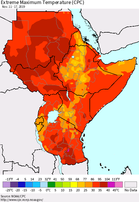 Eastern Africa Maximum Daily Temperature (CPC) Thematic Map For 11/11/2019 - 11/17/2019