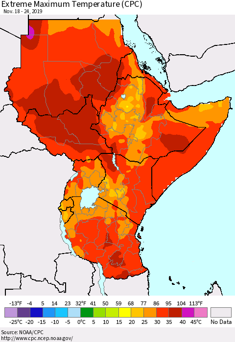 Eastern Africa Extreme Maximum Temperature (CPC) Thematic Map For 11/18/2019 - 11/24/2019