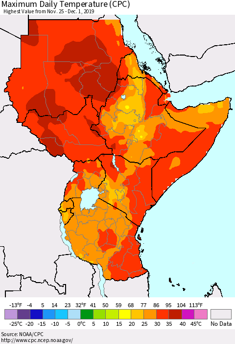 Eastern Africa Extreme Maximum Temperature (CPC) Thematic Map For 11/25/2019 - 12/1/2019