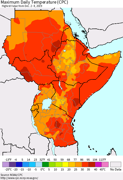 Eastern Africa Extreme Maximum Temperature (CPC) Thematic Map For 12/2/2019 - 12/8/2019