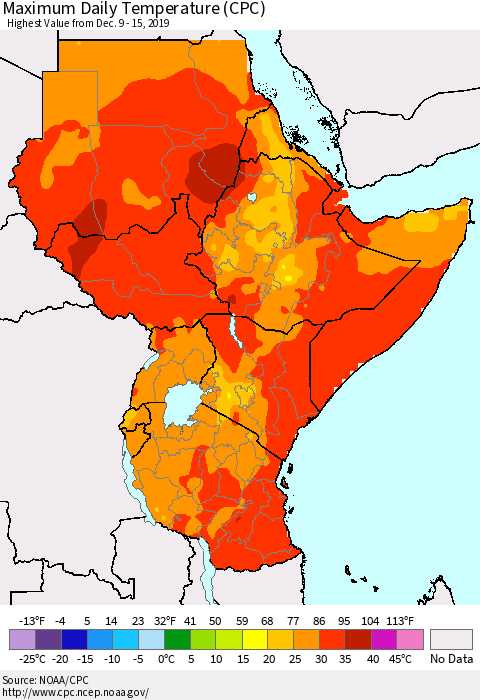 Eastern Africa Extreme Maximum Temperature (CPC) Thematic Map For 12/9/2019 - 12/15/2019