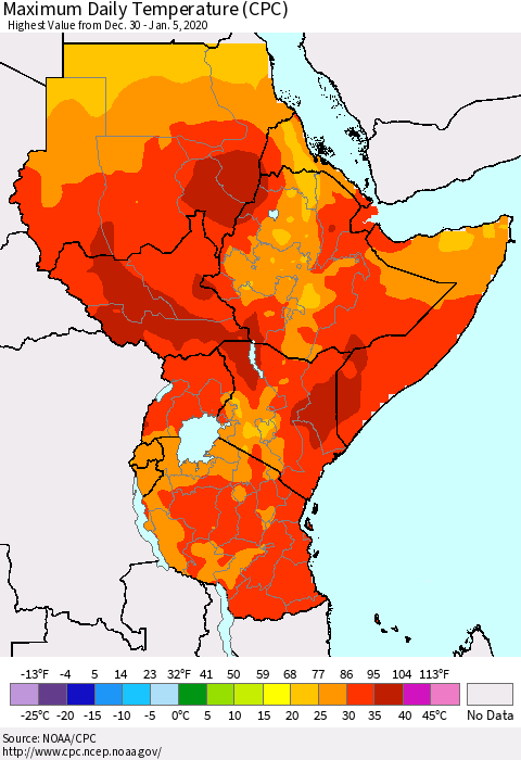 Eastern Africa Extreme Maximum Temperature (CPC) Thematic Map For 12/30/2019 - 1/5/2020
