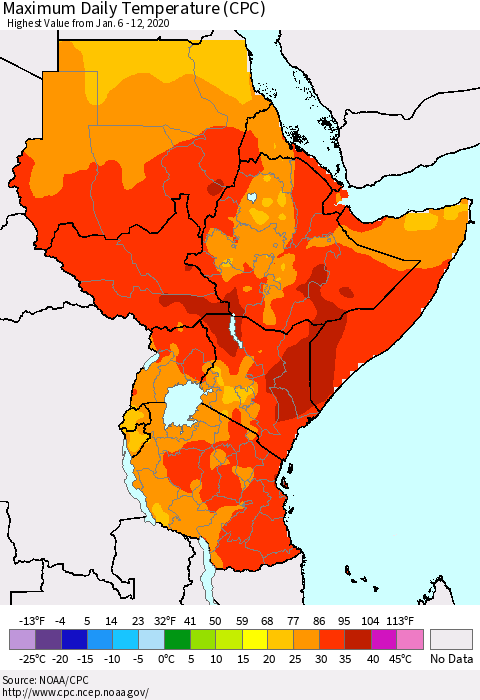 Eastern Africa Extreme Maximum Temperature (CPC) Thematic Map For 1/6/2020 - 1/12/2020