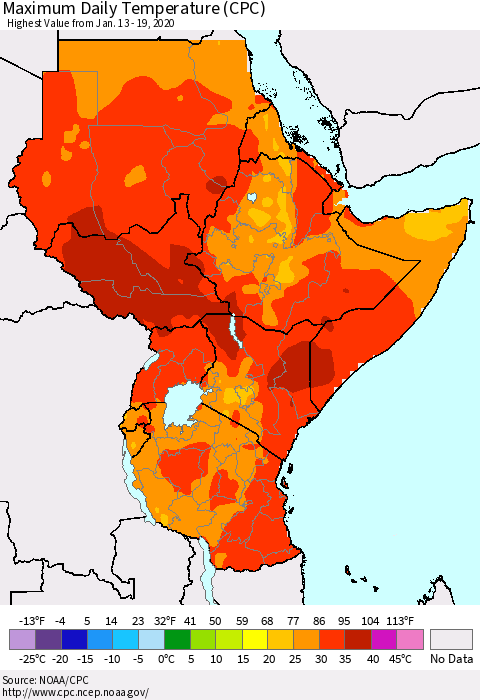 Eastern Africa Extreme Maximum Temperature (CPC) Thematic Map For 1/13/2020 - 1/19/2020