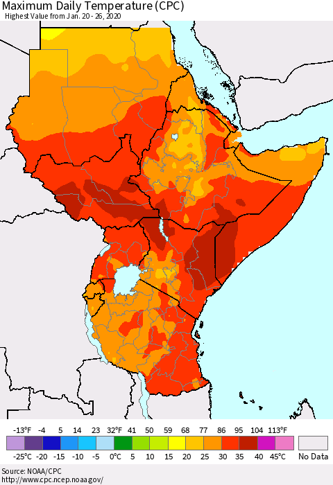 Eastern Africa Maximum Daily Temperature (CPC) Thematic Map For 1/20/2020 - 1/26/2020