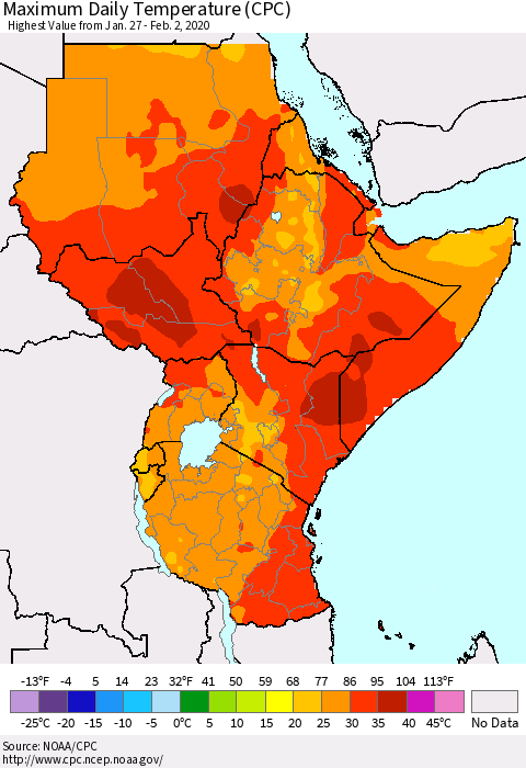 Eastern Africa Maximum Daily Temperature (CPC) Thematic Map For 1/27/2020 - 2/2/2020
