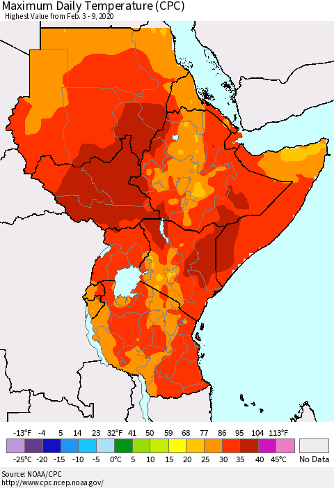 Eastern Africa Extreme Maximum Temperature (CPC) Thematic Map For 2/3/2020 - 2/9/2020