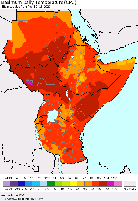 Eastern Africa Extreme Maximum Temperature (CPC) Thematic Map For 2/10/2020 - 2/16/2020