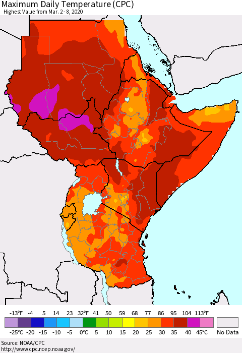 Eastern Africa Extreme Maximum Temperature (CPC) Thematic Map For 3/2/2020 - 3/8/2020