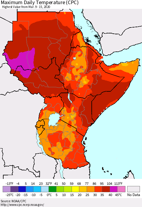 Eastern Africa Extreme Maximum Temperature (CPC) Thematic Map For 3/9/2020 - 3/15/2020