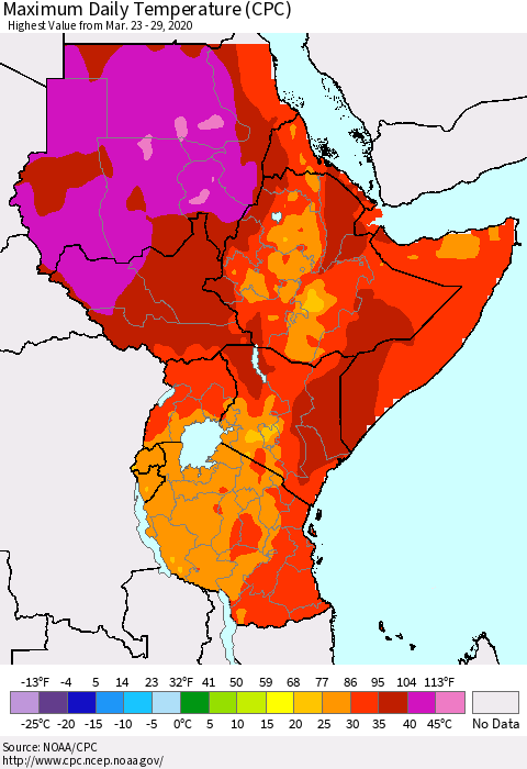 Eastern Africa Maximum Daily Temperature (CPC) Thematic Map For 3/23/2020 - 3/29/2020
