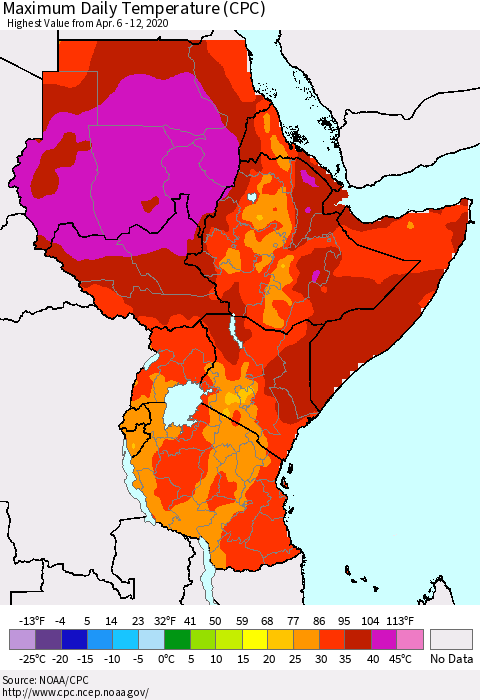 Eastern Africa Maximum Daily Temperature (CPC) Thematic Map For 4/6/2020 - 4/12/2020