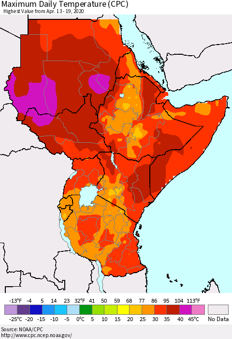 Eastern Africa Maximum Daily Temperature (CPC) Thematic Map For 4/13/2020 - 4/19/2020