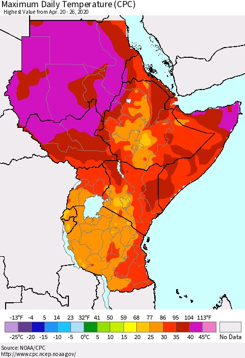 Eastern Africa Maximum Daily Temperature (CPC) Thematic Map For 4/20/2020 - 4/26/2020