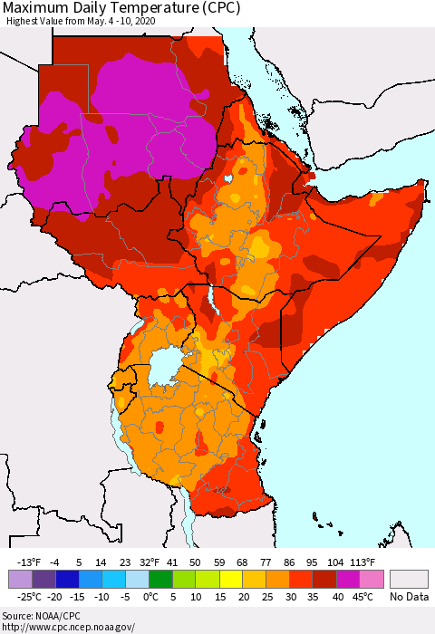 Eastern Africa Maximum Daily Temperature (CPC) Thematic Map For 5/4/2020 - 5/10/2020