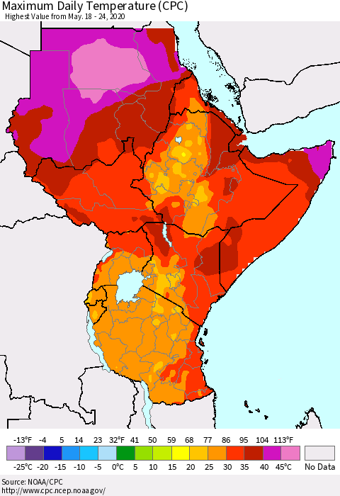 Eastern Africa Maximum Daily Temperature (CPC) Thematic Map For 5/18/2020 - 5/24/2020