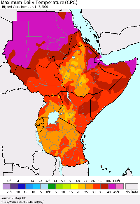 Eastern Africa Maximum Daily Temperature (CPC) Thematic Map For 6/1/2020 - 6/7/2020