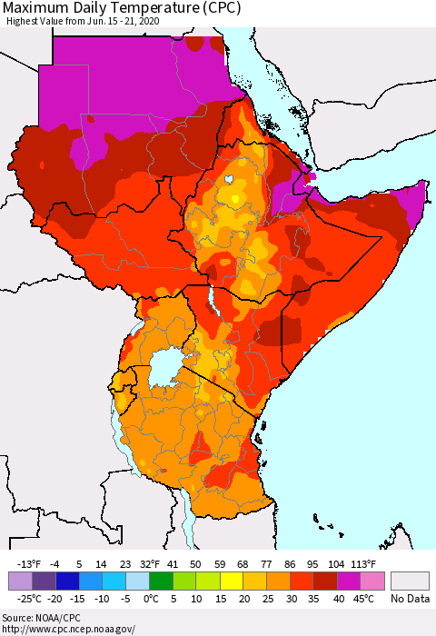 Eastern Africa Maximum Daily Temperature (CPC) Thematic Map For 6/15/2020 - 6/21/2020