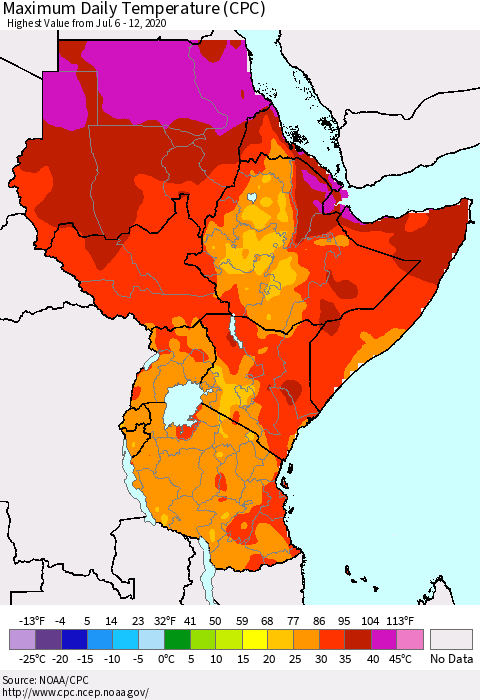 Eastern Africa Maximum Daily Temperature (CPC) Thematic Map For 7/6/2020 - 7/12/2020