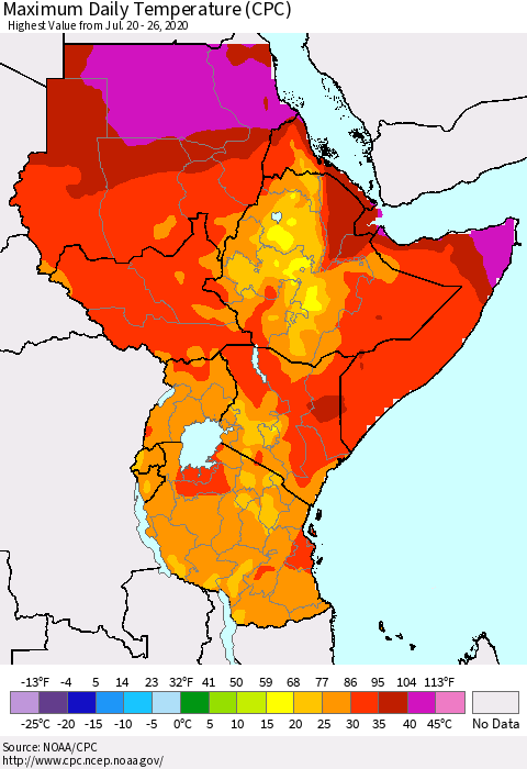 Eastern Africa Maximum Daily Temperature (CPC) Thematic Map For 7/20/2020 - 7/26/2020
