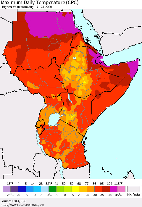 Eastern Africa Maximum Daily Temperature (CPC) Thematic Map For 8/17/2020 - 8/23/2020