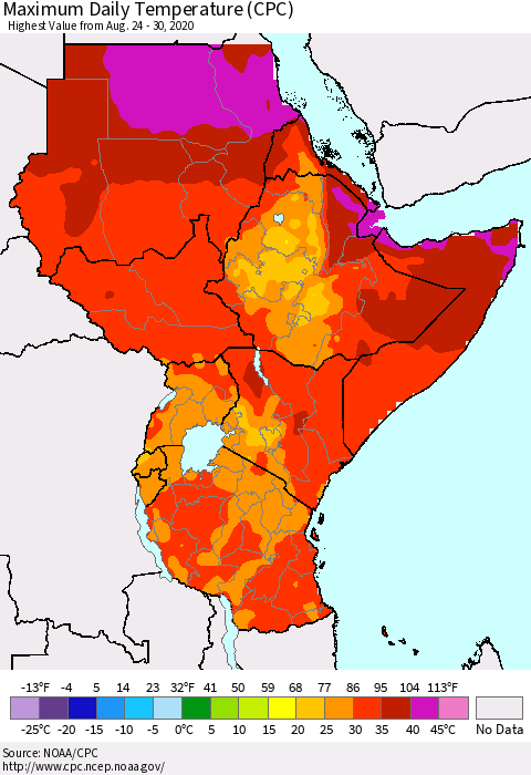 Eastern Africa Maximum Daily Temperature (CPC) Thematic Map For 8/24/2020 - 8/30/2020