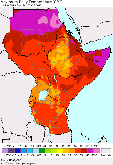 Eastern Africa Maximum Daily Temperature (CPC) Thematic Map For 9/21/2020 - 9/27/2020