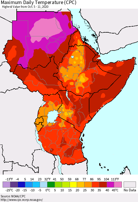 Eastern Africa Maximum Daily Temperature (CPC) Thematic Map For 10/5/2020 - 10/11/2020